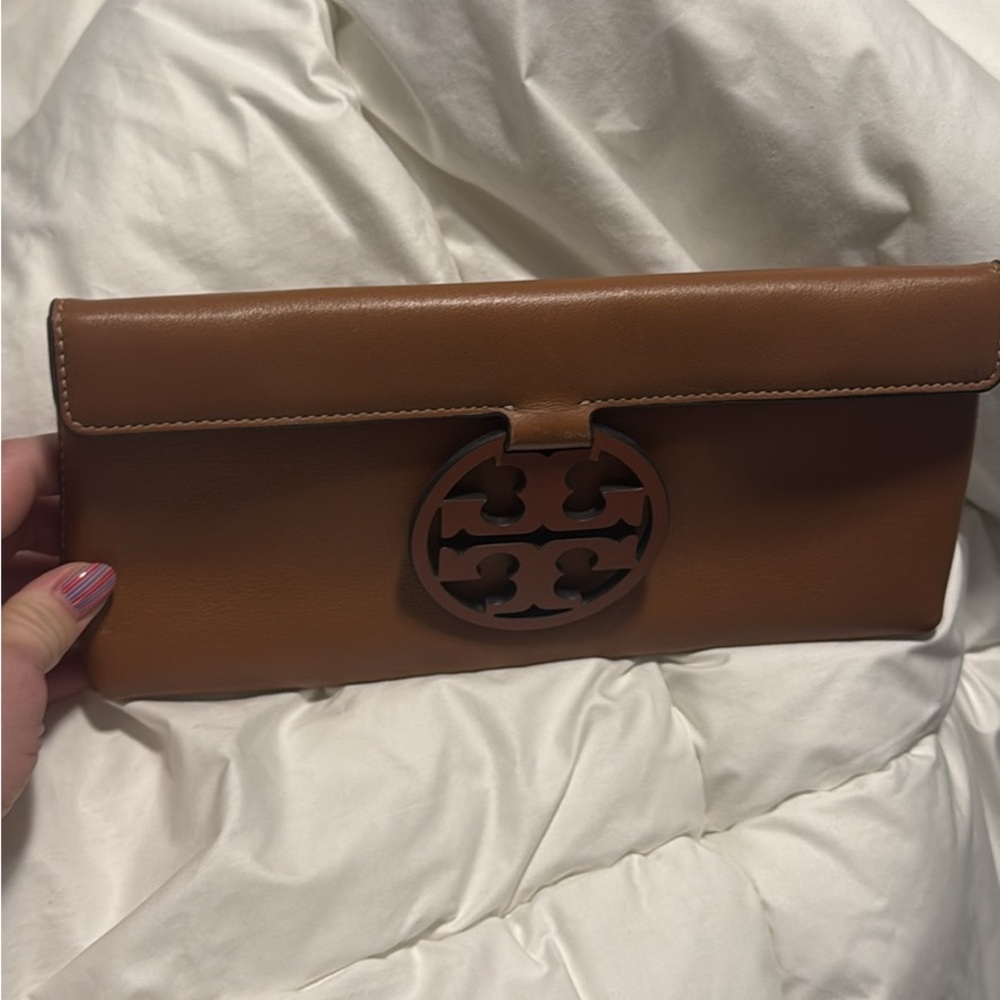 Brown Leather Clutch with Logo